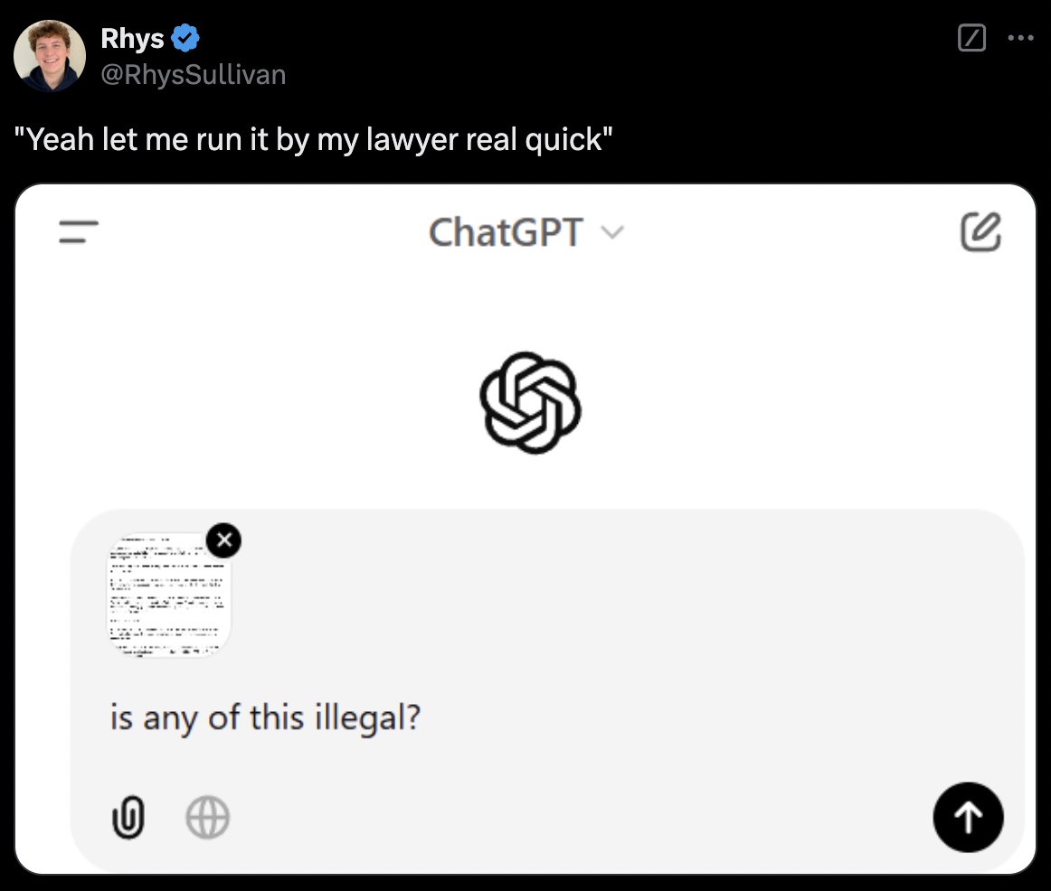 screenshot - Rhys "Yeah let me run it by my lawyer real quick" ChatGPT is any of this illegal? 009